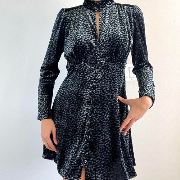 Zara | Black & blue velvet high neck floral long sleeve skater mini dress | Sz M - Picture 3 of 6